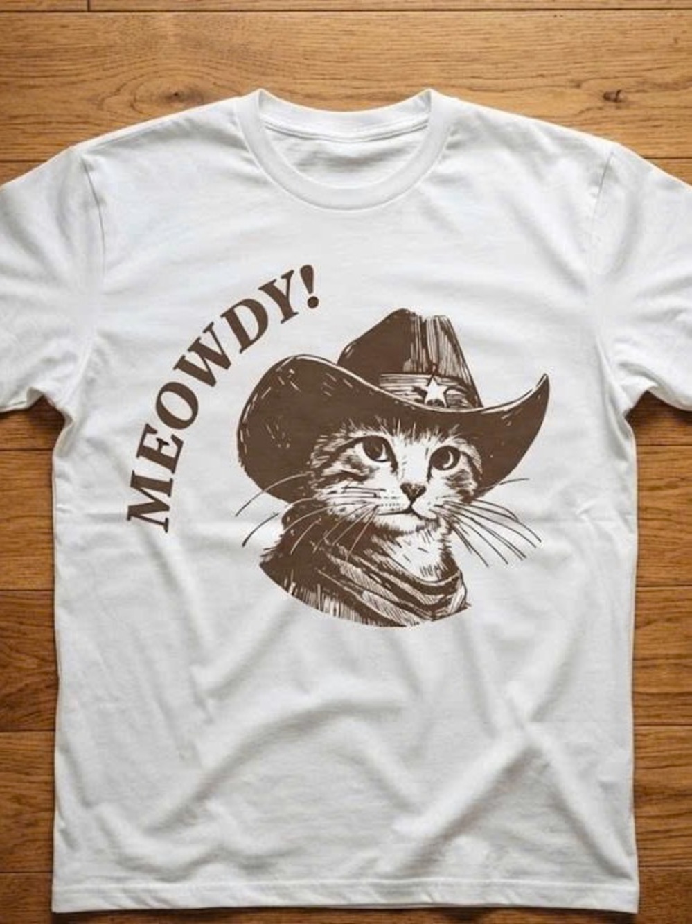 White T-Shirt with Brown Cowboy Cat Graphic